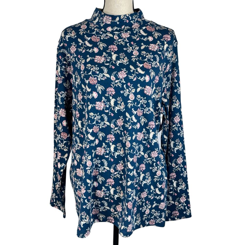 Croft & Barrow 1X-Large Classic Mock Neck Tee Top Long Sleeve Floral Stretch New